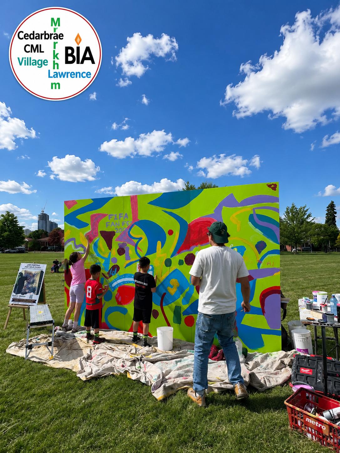 Children and an artist painting a colourful FIFA Fan Fest community mural