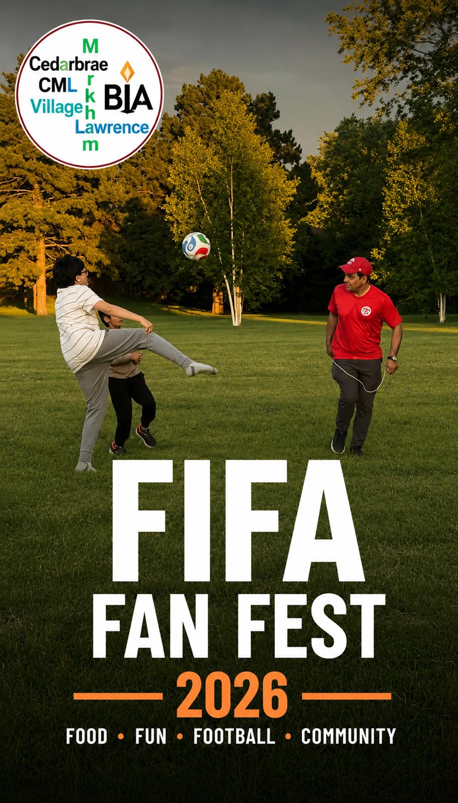 FIFA Fan Fest 2026 promotional poster featuring food, fun, football and community